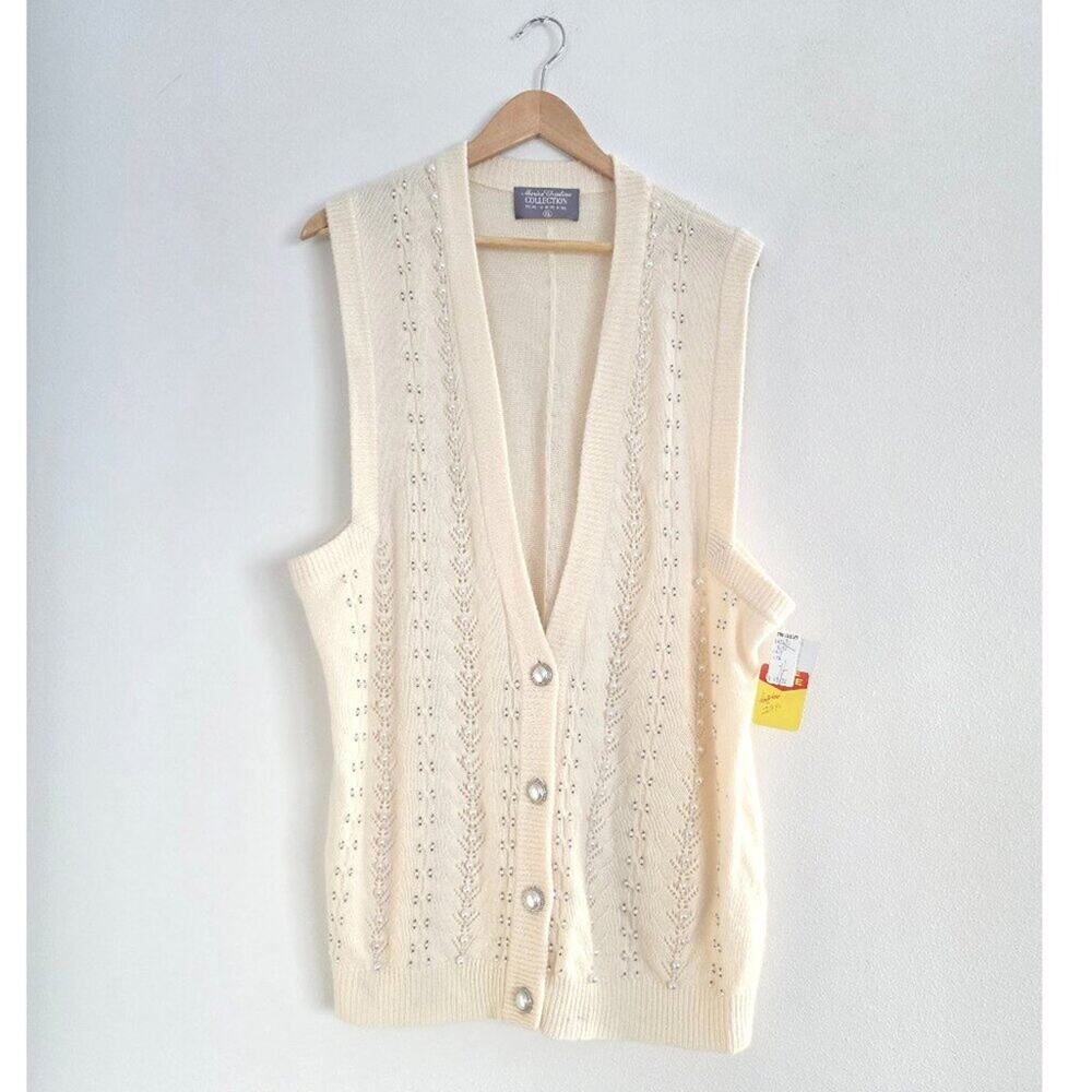 NWT Marisa Christina Beaded Sweater Vest Luxury Lambswool Angora Pearl Embellish